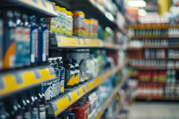 A grocery store aisle filled with a wide variety of drinks on display, including sodas, juices, waters, and energy drinks