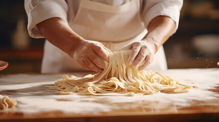 Chef making fresh Italian traditional pasta in closeup, Crop anonymous female cook preparing traditional Italian rolled fresh tagliatelle pasta on marble counter in kitchen