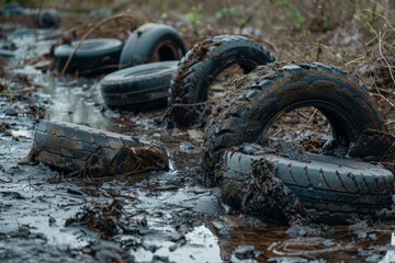 Fototapeta na wymiar A bunch of tires is lying in the mud, creating pollution in the environment. The side angle shot shows the tires dumped carelessly