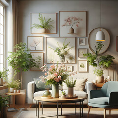 living room with flowers  chairs, living, decoration, flowers, dining, design, window, decor, wall, wood, architecture, inside, luxury,Ai generated 