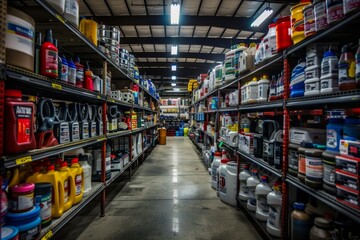 A wide shot of a bustling auto parts store filled with a variety of products for vehicles