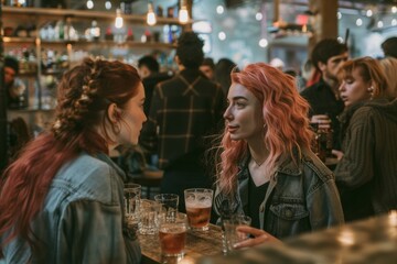 Two women engaged in conversation while sitting at a bar in a crowded venue