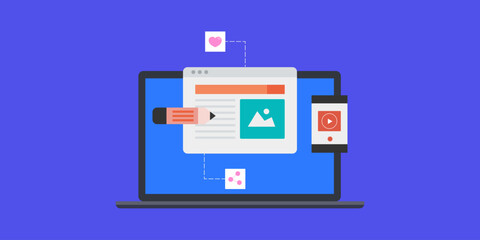 Blog content writing and video content creation for social media, digital marketing strategy for audience engagement, vector illustration.