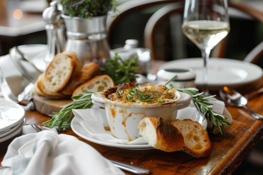 A commercial wide shot of French onion soup setting on a dining table with a wooden surface
