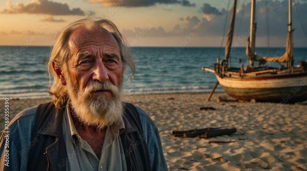 Poster an old man with a beard standing on the beach with a sailboat. generative ai.