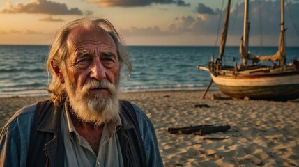 Fototapeta premium An old man with a beard standing on the beach with a sailboat. Generative AI.