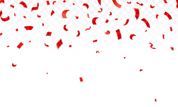 Red confetti on transparent backdrop. Realistic falling tinsel. Luxury anniversary template. Flying decoration elements.