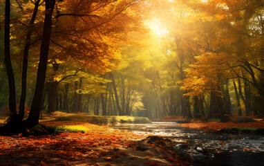 Autumn forest at sunrise. Beauty nature scene with sunbeams
