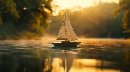 Fotobehang A small, handcrafted sailboat drifting lazily on a glassy pond at sunrise, the silence golden and undisturbed , © Pakorn