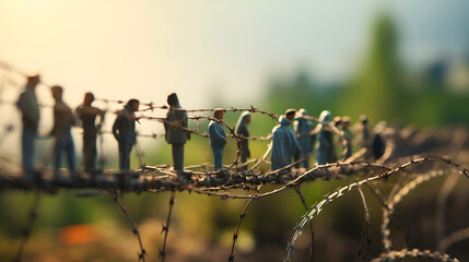 Barbed wire and plastic toy men, illegal migration concept
