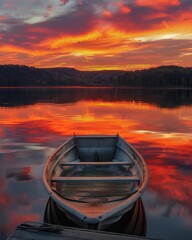 A solitary rowboat tied to a dock, the calm waters of the lake reflecting the fiery hues of a sunset sky ,