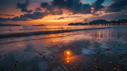 Heart shape on the ocean front at nightfall time idea of adoration and sentiment - obrazy, fototapety, plakaty