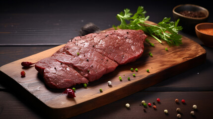 Grilled rib eye beef steak with herbs and spices on a stone background, Fried top blade or flat iron roast beef meat steaks on wooden board with rosemary. dark wooden background. top view. copy space.