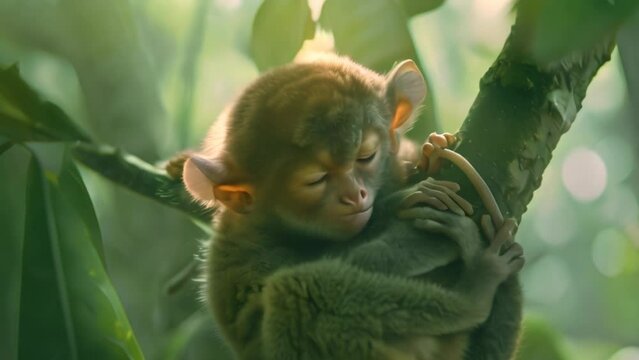 Small tarsier falling asleep sitting on branch. 4k video animation