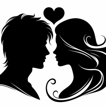 silhouette of a couple  face, illustration, heart, people, art, hair, kiss, boy, wedding, romance, valentine, symbol, black, icon, design, Ai generated 