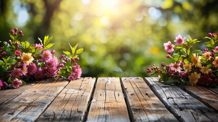 empty wooden Table With Trees Blooming And a blurry Sunny Garden Background for the product display banner. copy space