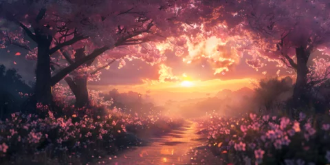 Fotobehang Springtime stroll pink cheery blossoms creating canopy over path sunlit background © Haleema