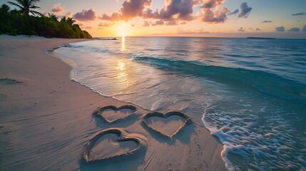 hearts drawn on sand of a tropical ocean side at dusk clear turquoise sea
