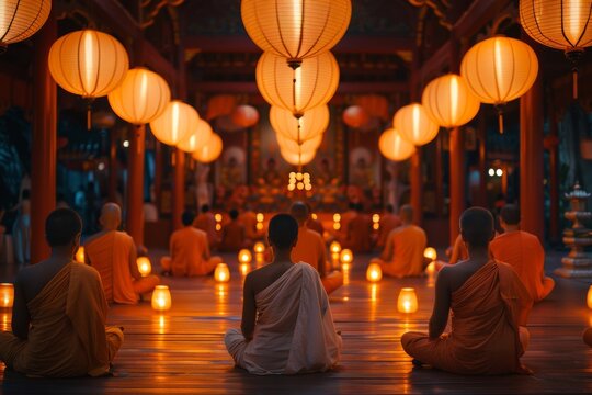 Devotees meditating in a lantern-lit hall during Buddha Purnima