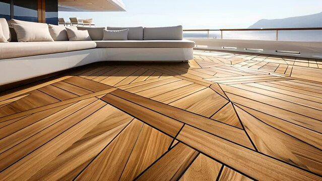 The symmetry of the yachts flooring extends to the outdoor deck where a sleek and modern design of angular teak wood panels creates a sense of continuity between the interior