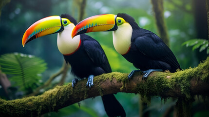 two toucans sitting on a branch in the rainforest, toucan tropical bird sitting on a tree branch in natural wildlife