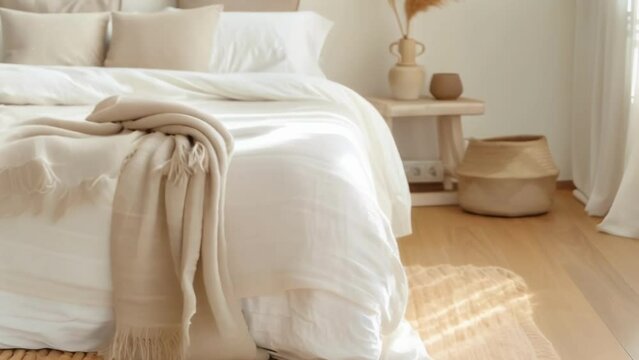 A minimalist bedroom with warm wooden floors and a linen throw blanket dd across the foot of the bed achieving effortless balance . .