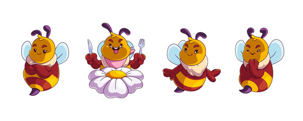 Cute bee characters set isolated on white background. Vector cartoon illustration of funny insect mascots collection, honeybee or bumblebee smiling, happy bug with wings eating lunch on flower