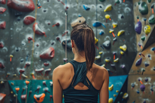 rear view of a female looking at a challenging climbing wall
