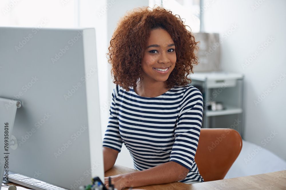 Aufkleber Creative, office and portrait of black woman at computer with productivity on project or writing email. Happy, employee and working at desktop with development on task and typing online communication