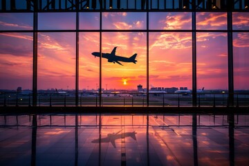 Silhouette of a plane taking off or landing in sunset purple and yellow sky from empty airport lobby, concept of taking off, start up, travel, go back home, with copy space - obrazy, fototapety, plakaty