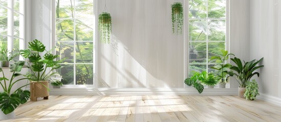 White Scandinavian Room Interior with Plants on Wooden Floor and Large Wall Window View. Nordic Home Interior .