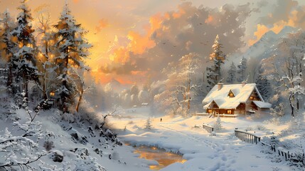 winter landscape dreamlike architecture abstract decorative painting