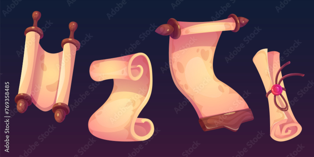 Poster old magic parchment paper scroll game ui icon. ancient medieval papyrus roll frame for fantasy fairy