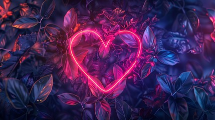 Outline love neon valentine sparkling heart on background of leaves and branches