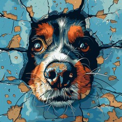 A Dog Bursting Through a Cracked Blue Wall
