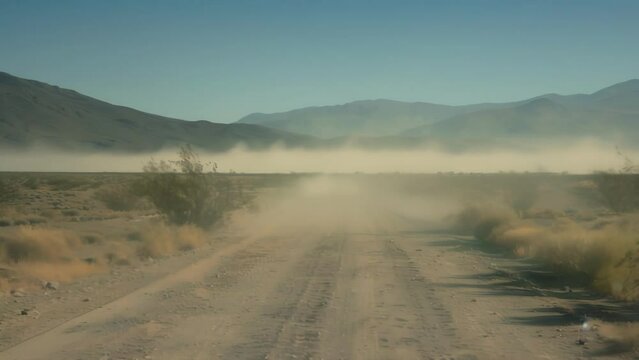 The mirage shimmers ahead teasing travelers down the dusty road in the Abode of the Mirage. . AI generation.
