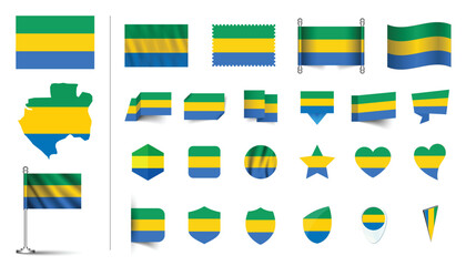 set of Gabon flag, flat Icon set vector illustration. collection of national symbols on various objects and state signs. flag button, waving, 3d rendering symbols