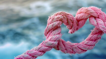 Pink mariner rope twisted into a heart shape by the ocean heart formed mariner bunches