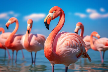 Flamboyant flamingo standing in the ocean waters under a bright blue sky with fluffy clouds
