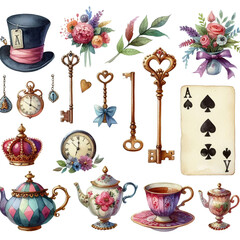 Cut out set of Watercolor Alice in Wonderland Clipart Set Mad Hatter's Tea Party Elements, Including Keys, Cards, and Tea Pot