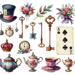 Cut out set of Watercolor Alice in Wonderland Clipart Set Mad Hatter's Tea Party Elements, Including Keys, Cards, and Tea Pot © Pro Stock