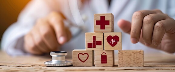 The concept of health insurance is depicted through the arrangement of wooden blocks alongside a medical hand health symbol.