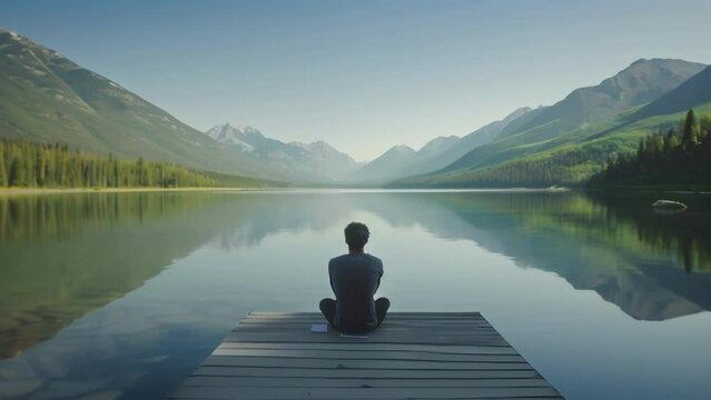 In a serene lakeside setting a person sits on a dock with their back facing the camera. The water is calm and the mountains in the . .