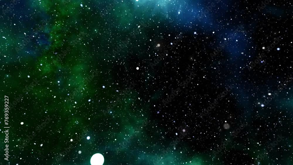 Poster space travel background. seamless loop galaxy exploration through outer space towards glowing milky 