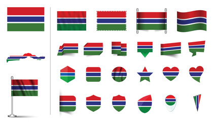 set of Gambia flag, flat Icon set vector illustration. collection of national symbols on various objects and state signs. flag button, waving, 3d rendering symbols