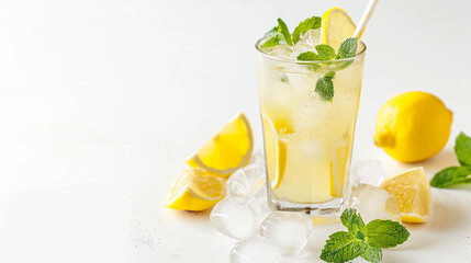 Summer refreshing lemonade drink or alcoholic cocktail with ice on white background. Generative Ai