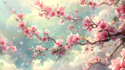 delicate background with spring flowers and trees.