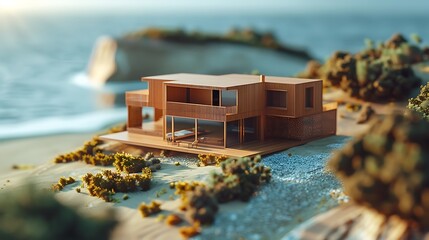Smaller than expected model of a wooden house on the coast the idea of land by the ocean