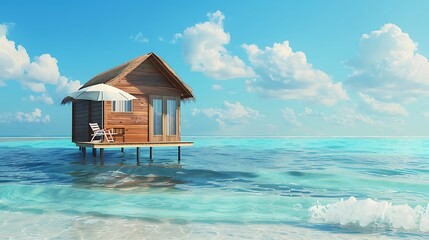 Smaller than normal wooden house with white umbrella on tropical sandy ocean side 