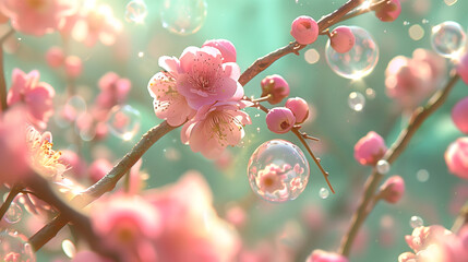 delicate background with spring flowers and trees.